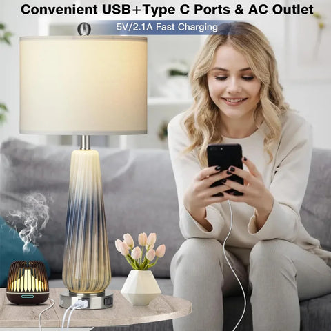 Glass Table Lamps for Living Room, 26" Modern Table Lamps with USB A+C Ports & AC Outlet, Touch Control Bedside Nightstand