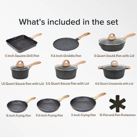 JEETEE Pots and Pans Set Nonstick 23pcs, Healthy Kitchen Cookware Sets, Induction Cooking Set W/Gray Granite Stone Frying Pans,