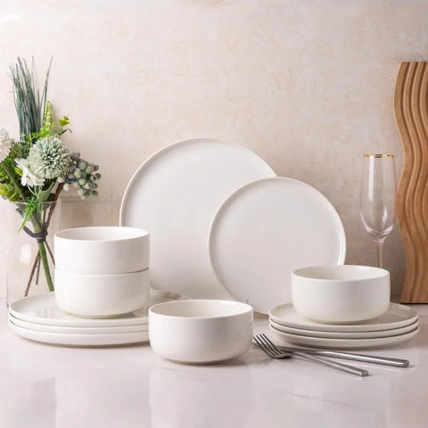 Ceramic Dinnerware Sets,12-Piece Plates and Bowls,Handmade Reactive Glaze Dishes Set,Chip Resistant and Scratch Resistant