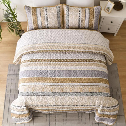 Boho Quilt Set , Yellow Bohemian 3 Pieces Quilt Sets, Lightweight Microfiber Bedspread Coverlet Bedding Set for All Season