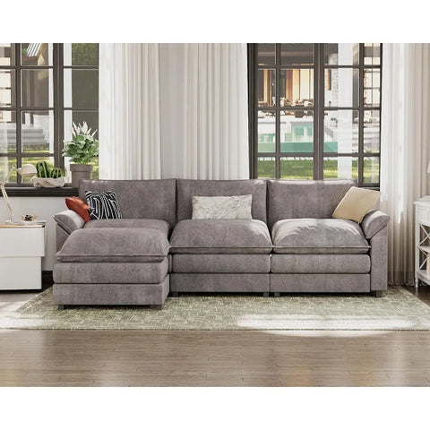 119” Modular Oversized Sectional Sofa Couch,Wide Arm L-Shaped Couch, Deep Seat and Reversible Ottoman,Chenille Fabric