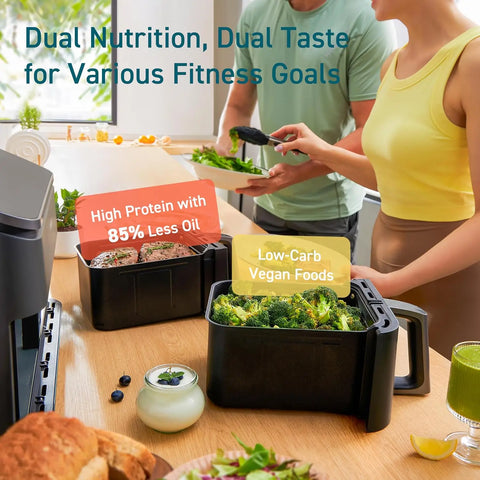 9Qt 10-in-1 Dual Air Fryer, Fresh Balanced Meals for Family and Children with Double Baskets, Sync Cook & Finish to Bake, Roast,