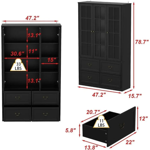 Pantry Cabinet Kitchen Storage Cabinet with 2-4 Drawers & Glass Doors, Kitchen Pantry with Adjustable Shelves