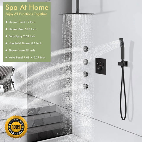 12-Inch Thermostatic Rain Shower System with Body Spray Jets Ceiling Mount Matte Black Shower Faucet Set with Valve Can Use All