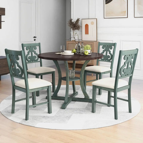 5-Piece Farmhouse Dining Table Set Wood Round Extendable Dining Table and 4 Upholstered Dining Chairs