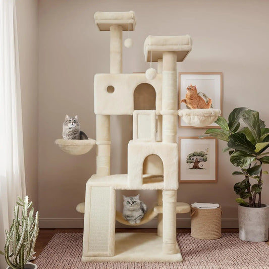 65in Larger Cat Tree Tower Condo for Indoor Cats, Multi-Level Furniture Activity Center with Wide Base/Cozy Plush Cat