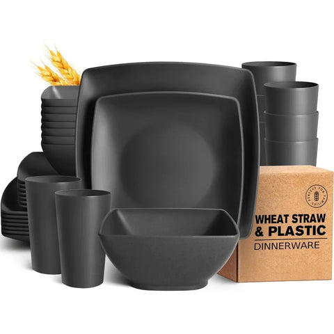 32-piece Plastic Wheat Straw Square Dinnerware Set for 8, Unbreakable Dinner Plates, Salad Plates, Snack Bowls, Tumblers