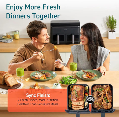 9Qt 10-in-1 Dual Air Fryer, Fresh Balanced Meals for Family and Children with Double Baskets, Sync Cook & Finish to Bake, Roast,