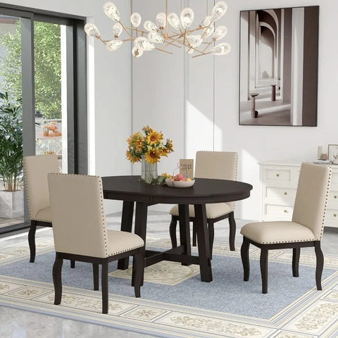 5-Piece Round Dining Table and Chair Set, Round Dining Table with Shelf, Wood Table Set for Family Dining Area