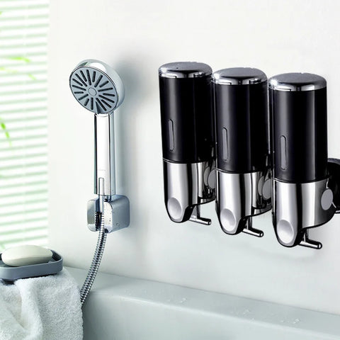 Black 3*single Wall Soap Dispenser ABS Material Chamber Wall Mounted Lid Lock Shower Pump Container 24x8x7.5cm W/Visual Window