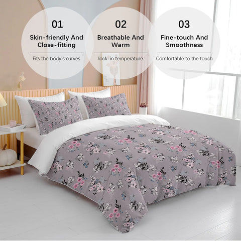 3pc Small Pink and White Flowers with Black Leaves Bedding Set Quilt Cover with Zipper Closure 1 Duvet Cover and 2 Pillowcases