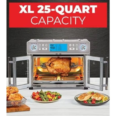 Dual Zone 360 Air Fryer Oven Combo with French Door, 25 QT Extra Large Family Size Meals to Cook Two Foods