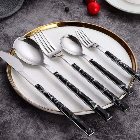 4PCS Marble Handle Tableware Set Stainless Steel Knife Fork and Spoon Set Home Kitchen for Dining Table Western Dinnerware Set