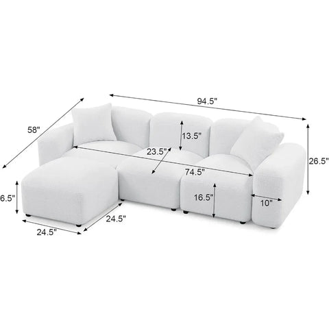 94” Living Room Sofas with Ottoman, 3-Seater, Boucle Fabric L-Shaped Modern Bubble Couch, Convertible Modular Sectional Sofas