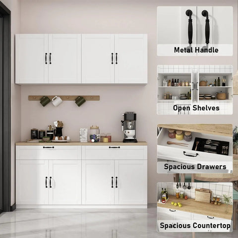 Wall-Mounted Kitchen Pantry Kitchen Storage Cabinet with Countertop, Pantry Cabinet with Drawers & Doors, Wall Cabinet for Kitch