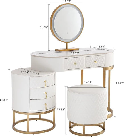 Luxury Faux Leather Vanity Desk with Mirror Makeup Table with Drawers & Vanity Stool