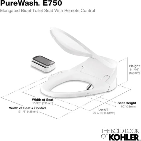 4108-0 PureWash E750 Elongated Electric Bidet Toilet Seat with Remote Control, Bidet Warm Water with Dryer for Existing Toilets