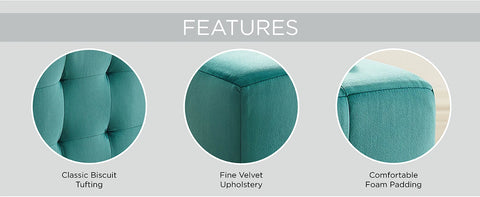 Comfort Corner Contour Tufted Button Cube Performance Velvet Ottoman, Teal 15.5"L x 15.5"H