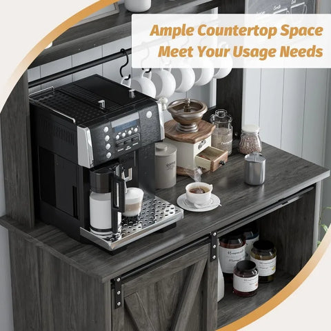 4ever2buy Farmhouse Coffee Bar Cabinet with 6 Hooks, White Coffee Bar with Storage, Kitchen Buffet Cabinet with Adjustable Shelv