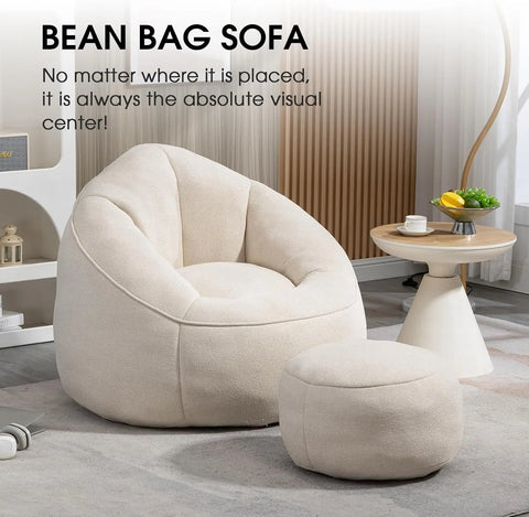 Bean Bag Sofa, Microfiber Upholstered with Petal Back, Padded Lazy Sofa with Footstool, Memory Foam Stuffed Bean Bag Couch