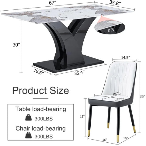 Modern Dining Room Table Set for 6, Faux Marble Kitchen Table and 6 PU Leather Chairs, 67” Rectangular Tempered Glass Table Set