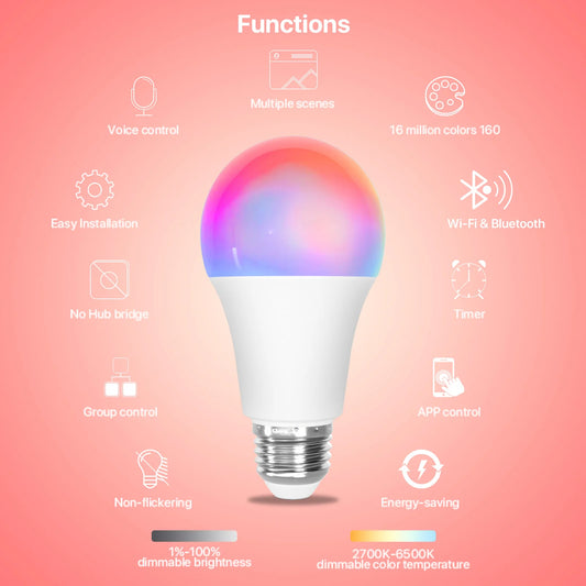 1/2PCS Smart Light Bulbs 110V E26 9W WiFi Bluetooth Smart Bulb Work with Alexa Google Home Compatible 2700-6500K Color Changing