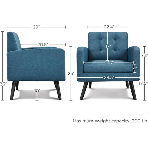 Mid-Century Accent Chairs, Modern Upholstered Living Room Chair, Cozy Armchair Button Tufted Back and Wood Legs