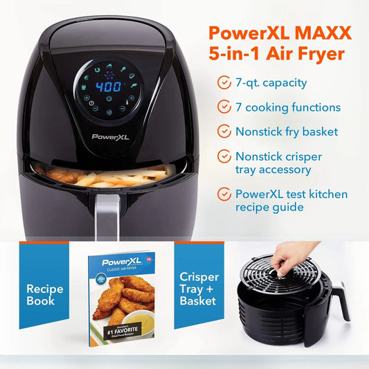 Air Fryer 7 QT Maxx Classic, Extra Hot Air Fry, Cook, Crisp, Broil, Roast, Bake, High Gloss Finish, Black (7 Quart) (HF-