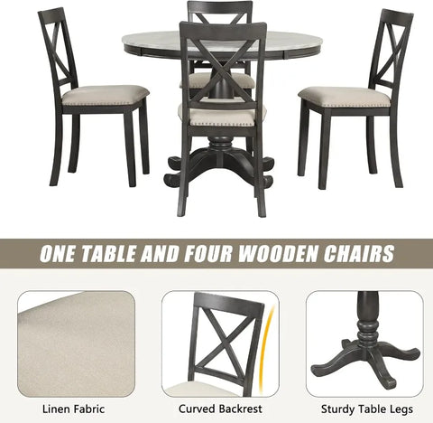 5-Piece Round Dining Table and Chair Set, Round Dining Table with Shelf, Wood Table Set for Family Dining Area