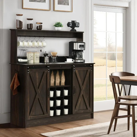 4ever2buy Farmhouse Coffee Bar Cabinet with 6 Hooks, White Coffee Bar with Storage, Kitchen Buffet Cabinet with Adjustable Shelv