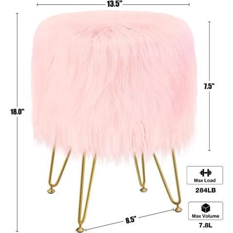 Stool and ottoman dressing chair with storage space, high round faux fur footstool with 4 gold legs, puffed chair dressing stool