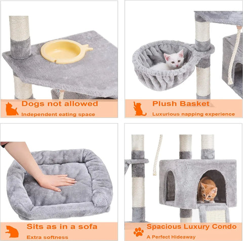 Cat Tree, Cat Tower for Indoor Cats with Scratching Board, Multi-Level Cat Furniture Condo with Feeding Bowl