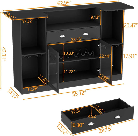 Bar Table Cabinet with LED & Drawer, Mini Liquor Bar with 8-Tier Storage & Stemware Holder, Crescent Shaped Counter for Home Pub