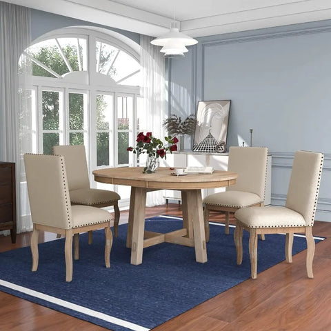 5-Piece Round Dining Table and Chair Set, Round Dining Table with Shelf, Wood Table Set for Family Dining Area