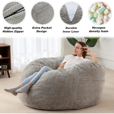 Giant Bean Bag Chair with Washable Chenille Cover Ultra Soft Convertible Bean Bag From Chair To Mattress Family - Grey Full Size