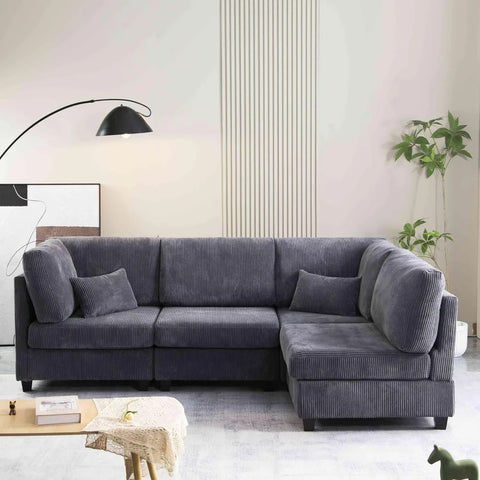 L Shaped Convertible Modular Sectional Sofa with Movable Ottoman, Free Combination Corduroy Upholstered Corner Couch with Legs