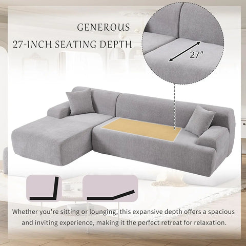 L-Shape Sectional Sofa,Modern Minimalist Style Sectional Couch with 2 Free Pillows,3-Seat Chenille Fabric Couch， Chaise Lounge