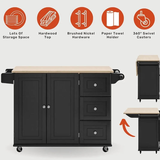 Dolly Madison Kitchen Cart with Wood Top and Drop Leaf Breakfast Bar, Rolling Mobile Kitchen Island with Storage