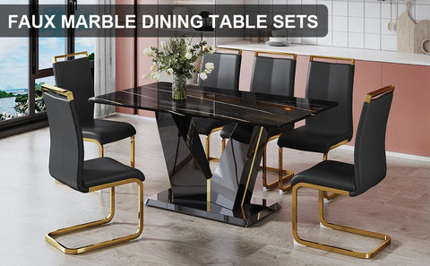 7 Pieces Modern Black Dining Table Set 63" Marble Table Chair Set of 6 PU Leather Chairs Rectangle Dining Room Table Set