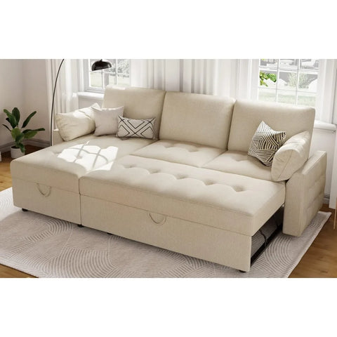 Pull Out Sofa Bed, Modern Tufted Convertible Sleeper Sofa, L Shaped Sofa Couch with Storage Chaise, Chenille Sectional Couch Bed