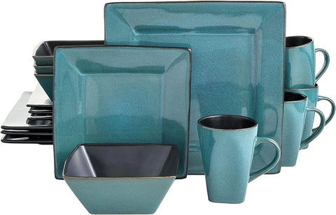 Square Reactive Glaze Stoneware Dinnerware Set, Service for 4 (16pcs),  Set Vaisselle Complet， Dishes and Plates Sets