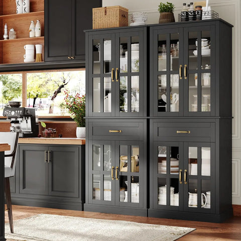 Kitchen Cabinet, Tall Cabinet with Glass Doors and Drawer, Freestanding Pantry Hunch with Adjustable Shelves, Cabinets Kitchen