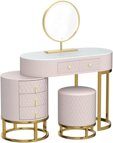 Luxury Faux Leather Vanity Desk with Mirror Makeup Table with Drawers & Vanity Stool