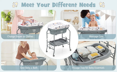 BABY JOY Baby Bathtub with Changing Table, Foldable Infant Diaper Changing Station with Storage Tray, Waterproof Pad, Portable