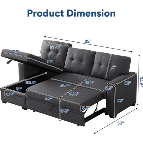 4-in-1 Convertible L Shaped Couch with Pull Out Bed and Storage Sectional Sleeper Sofa with Reversible Chaise for Living Room,Ap