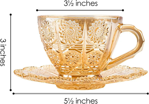 Glass Tea Cups Sets of 4 with Saucers, 6 Oz Vintage Coffee Mug Glasses Flower Embossed Glassware Set and Saucer, Adult Glass Tea