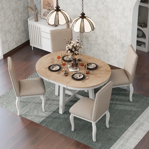 5-Piece Round Dining Table and Chair Set, Round Dining Table with Shelf, Wood Table Set for Family Dining Area