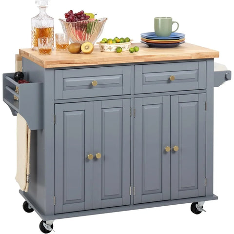 Rolling Kitchen Island ,Thicken Rubberwood Top, Spice Rack,Towel Rack, Drawer,43.3" Portable Mobile Kitchen Island Carts Table