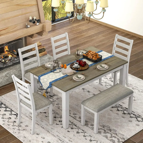 6 - Piece Dining Table Set, Includes Dining Table and 4 Upholstered Chairs & Bench, Kitchen Tables Set, Dining Tables Set