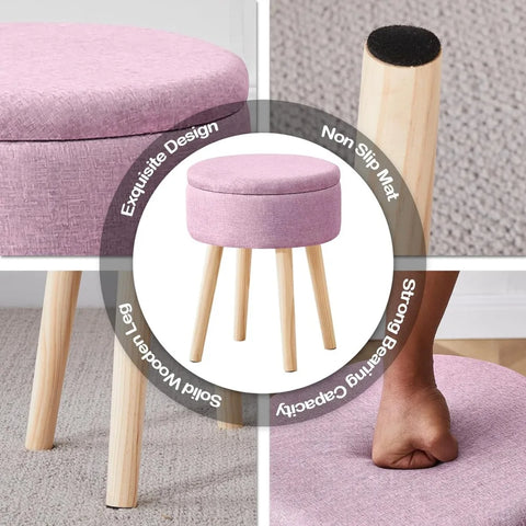 Storage Ottoman Foot Stool Linen Round Vanity Stool Tray Top Footstool with Wood Legs Multifunctional Upholstered Foot Rest